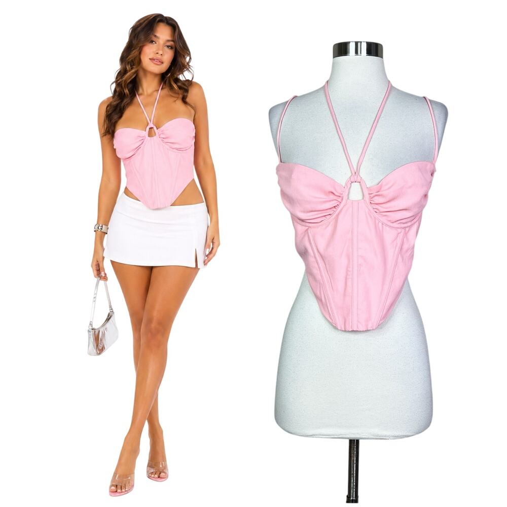 NEW White Fox | City On Lock Bustier Crop Top Blush Pink Halter Corset Top M NWT